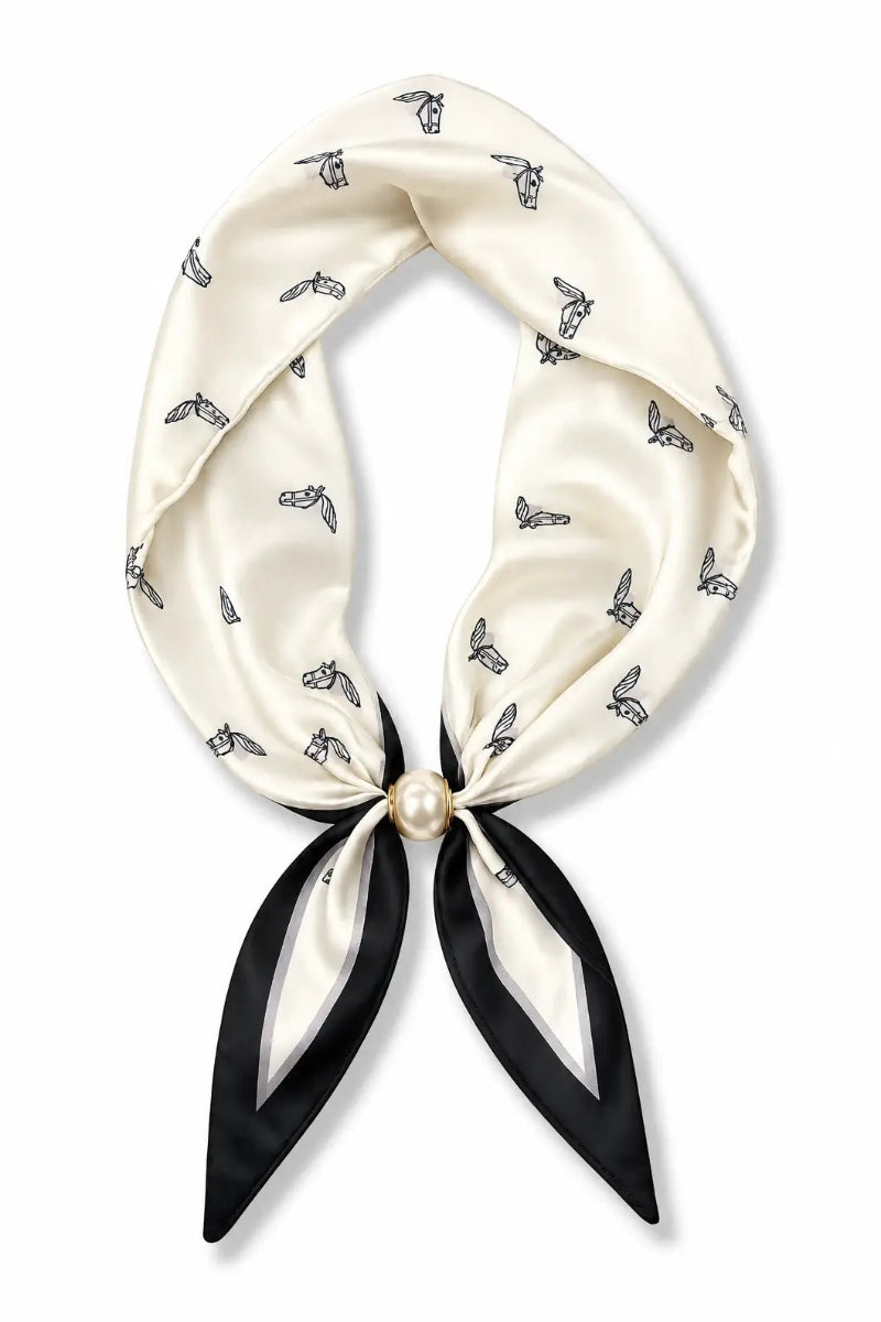 Trestles Clothing Company cream and black horse print scarf with a magnetic pearl closure in silky polyester fabric.